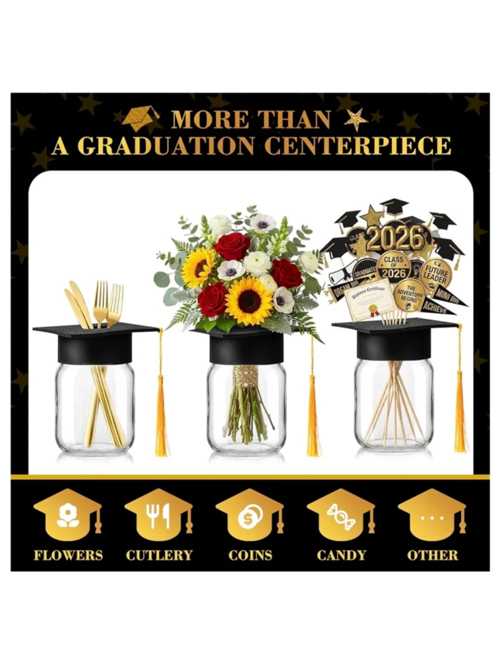 NEW 6 Sets Graduation Cap Centerpieces Mason Jar Centerpieces